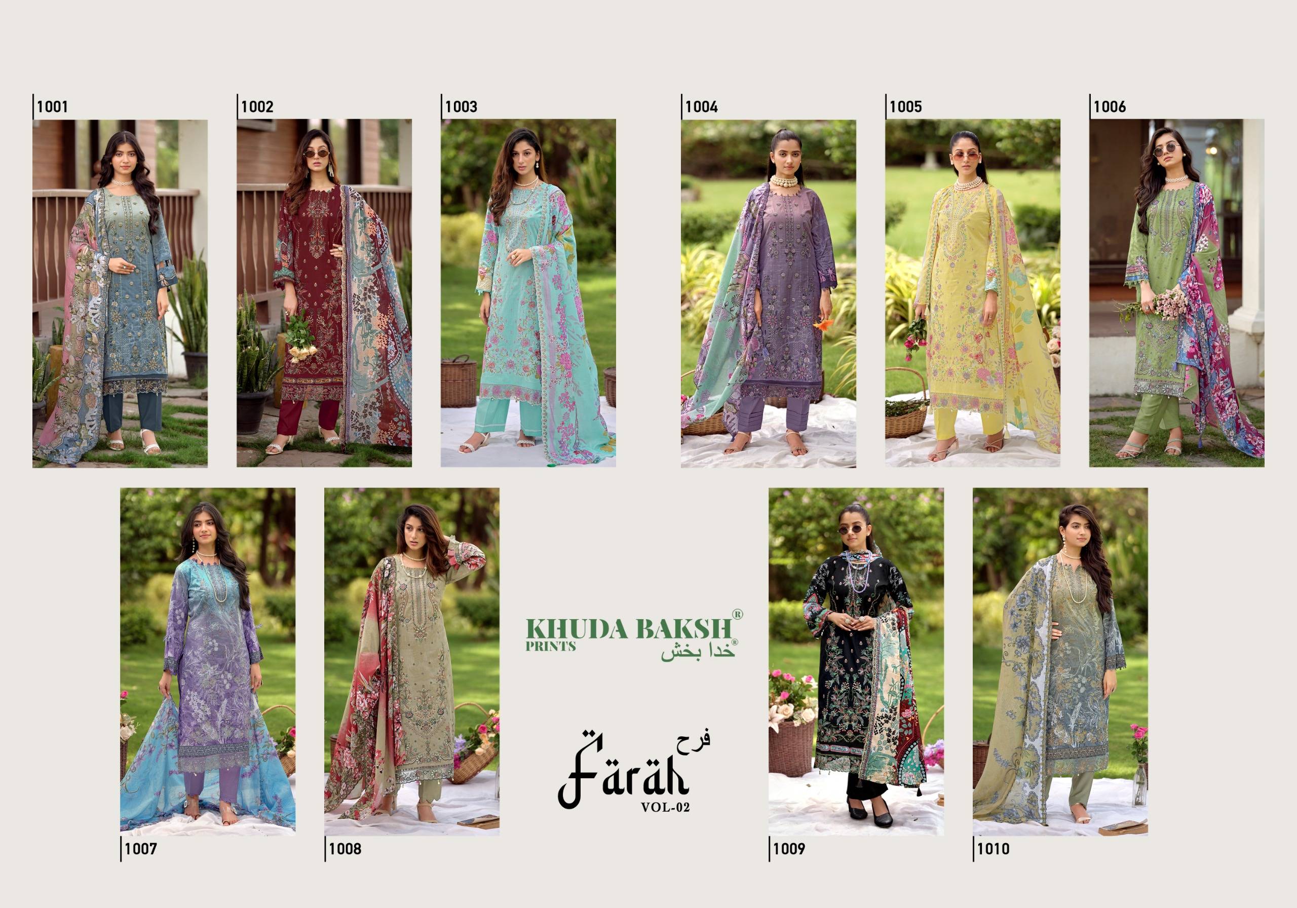 FARAH VOL 2 By KHUDHA BAKSH 1001 To 1010 Series Pakistani Suits casual Wear PURE LAWN Dresses At Wholesale